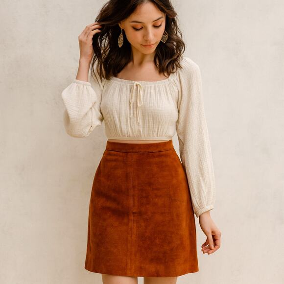 Vintage Pia Rucci Suede Skirt Size 4 23" Cognac Back Slit Knee Length Festival - Picture 1 of 11